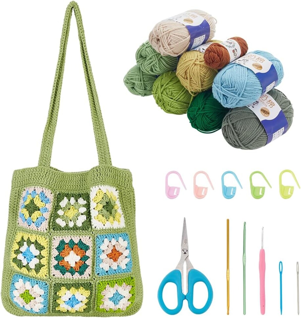 DIY Crochet Tote Bag Kit for Adults, Green Granny Square Shoulder Bag Set for Starter, Complete Accessories Tools to Make a Bag with Instruction and Video